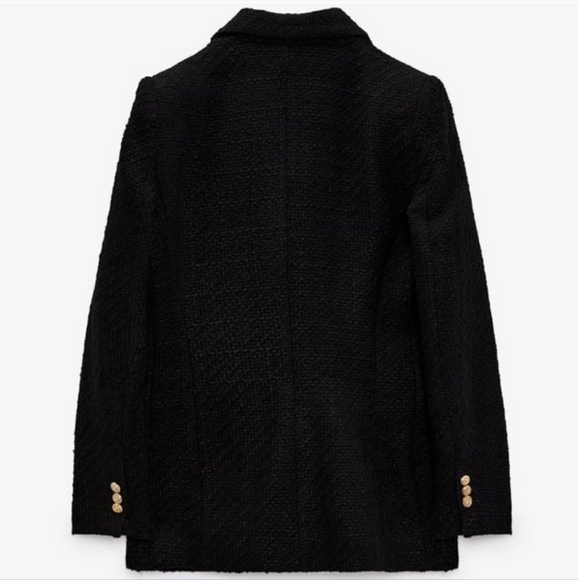 ZARA Tweed Textured Weave Double Breasted Blazer Black - Picture 9 of 15